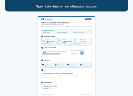 Induktion, Generator und Transformator – kostenloses Physik-Arbeitsblatt mit Lösungen