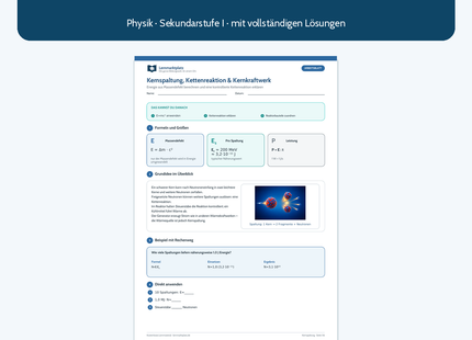 Kernspaltung, Kettenreaktion und Kernkraftwerk – kostenloses Physik-Arbeitsblatt mit Lösungen