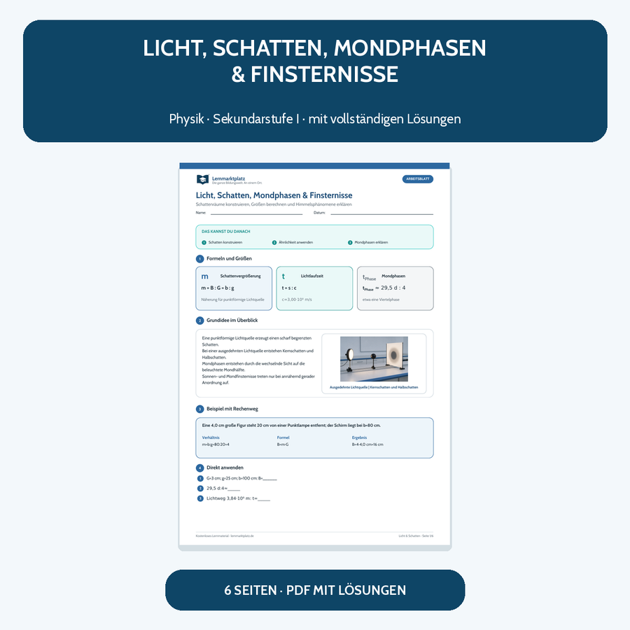Licht, Schatten, Mondphasen und Finsternisse – Physik-Arbeitsblatt mit Lösungen