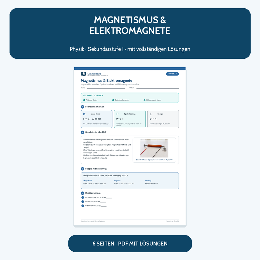 Magnetismus und Elektromagnete – kostenloses Physik-Arbeitsblatt mit Lösungen
