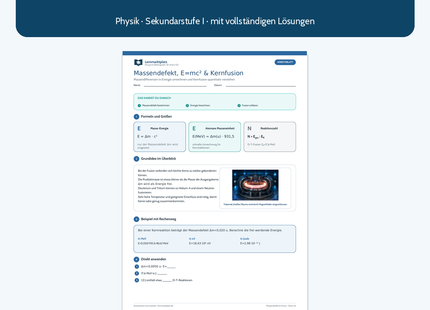 Massendefekt, E=mc² und Kernfusion – Physik-Arbeitsblatt mit Lösungen