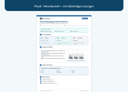 Phasenübergänge, Schmelz- und Verdampfungswärme – kostenloses Physik-Arbeitsblatt mit Lösungen