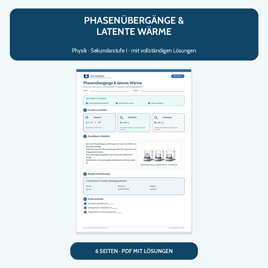 Phasenübergänge, Schmelz- und Verdampfungswärme – kostenloses Physik-Arbeitsblatt mit Lösungen
