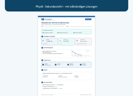 Radioaktivität, Aktivität und Halbwertszeit – kostenloses Physik-Arbeitsblatt mit Lösungen