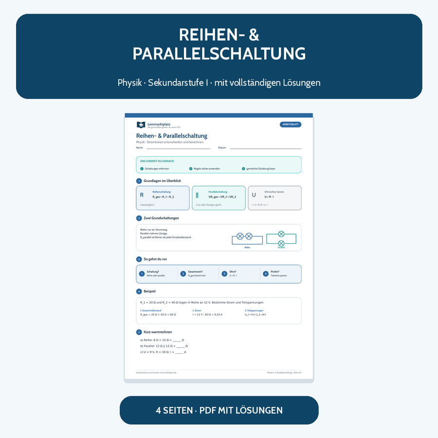 Reihen- und Parallelschaltung – kostenloses Physik-Arbeitsblatt mit Lösungen