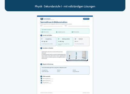 Sammellinsen und Bildkonstruktion – kostenloses Physik-Arbeitsblatt mit Lösungen