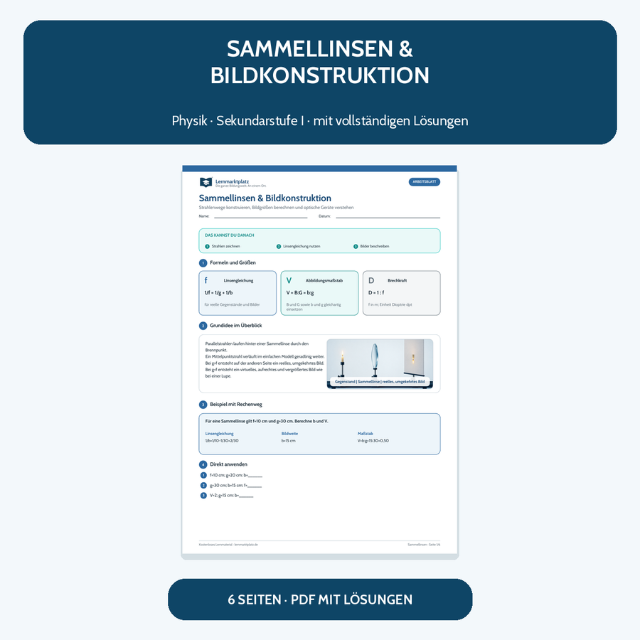 Sammellinsen und Bildkonstruktion – kostenloses Physik-Arbeitsblatt mit Lösungen