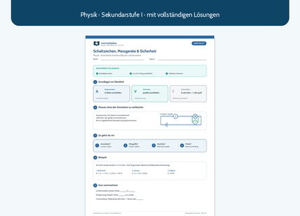Schaltzeichen, Messgeräte und Sicherheit – kostenloses Physik-Arbeitsblatt mit Lösungen