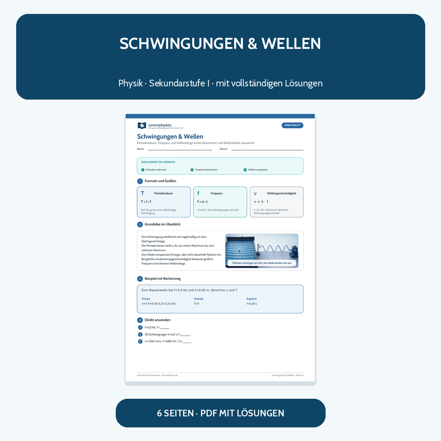Schwingungen und Wellen – kostenloses Physik-Arbeitsblatt mit Lösungen
