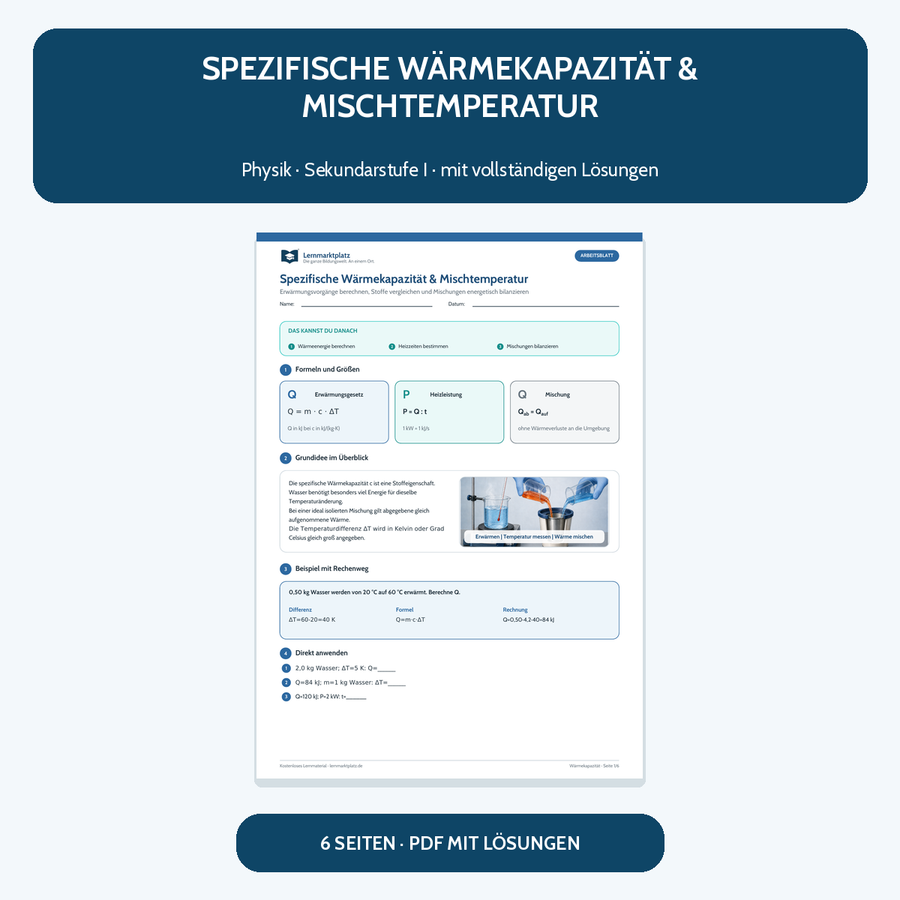 Spezifische Wärmekapazität und Mischtemperatur – kostenloses Physik-Arbeitsblatt mit Lösungen