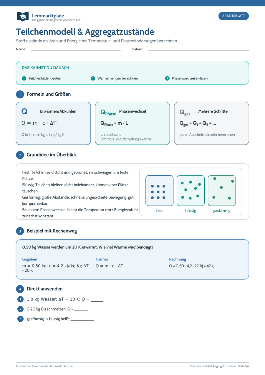 Teilchenmodell und Aggregatzustände – kostenloses Physik-Arbeitsblatt mit Lösungen