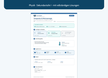 Temperatur und Wärmeenergie – kostenloses Physik-Arbeitsblatt mit Lösungen