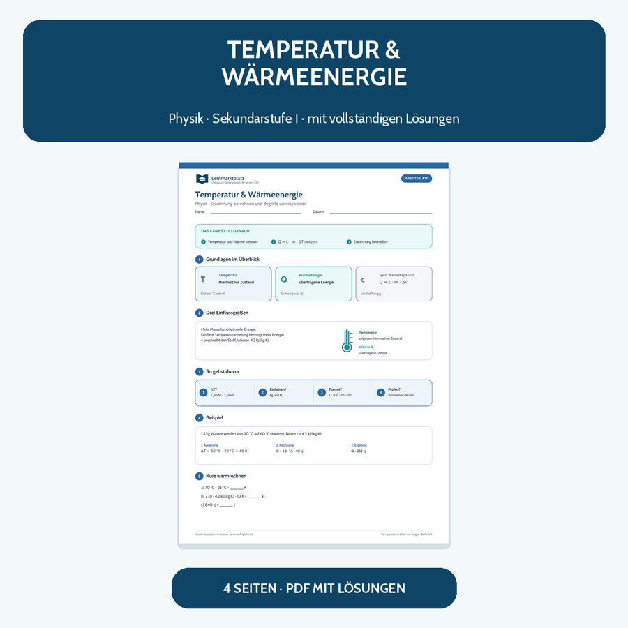 Temperatur und Wärmeenergie – kostenloses Physik-Arbeitsblatt mit Lösungen
