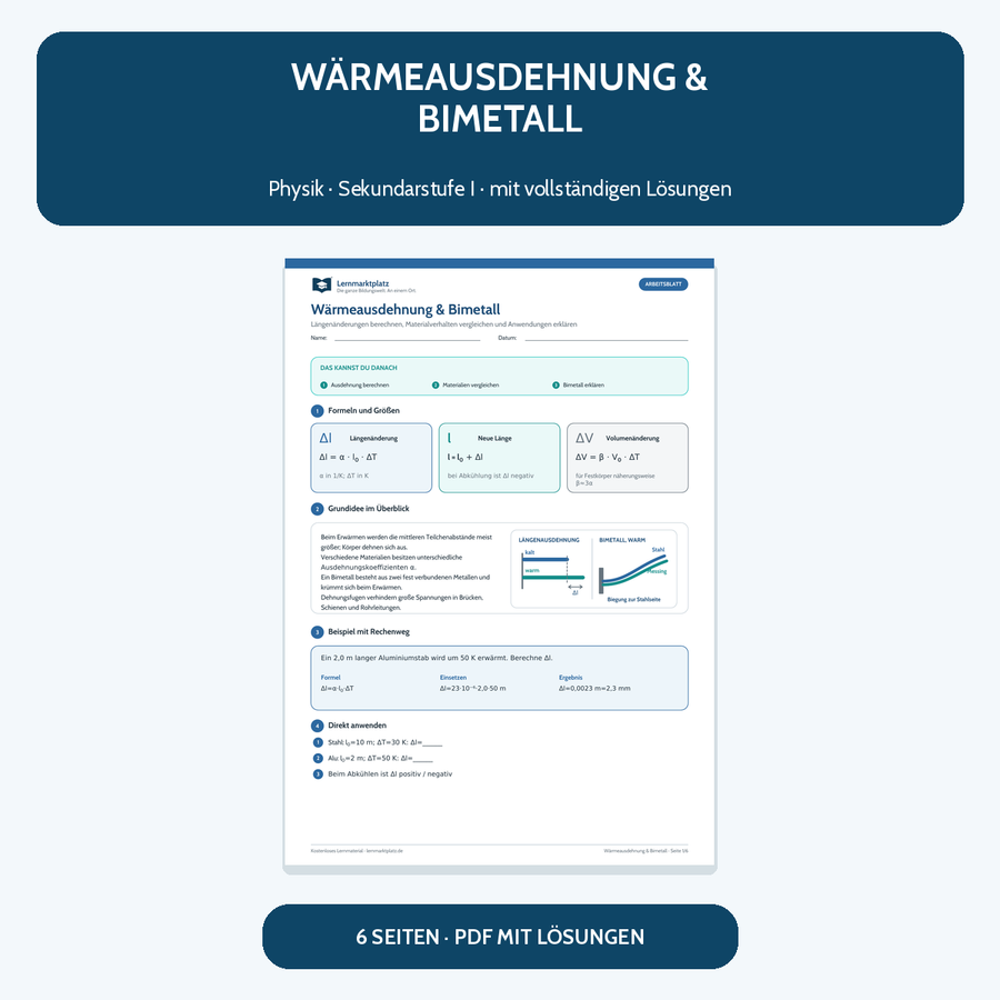 Wärmeausdehnung und Bimetall – kostenloses Physik-Arbeitsblatt mit Lösungen