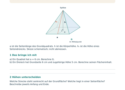Volumen und Oberfläche von Pyramiden – Schülerblatt S1 mit Pyramidenmodell und den beiden Höhen