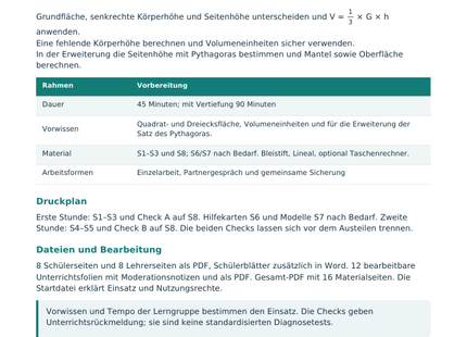 Volumen und Oberfläche von Pyramiden – Lehrerübersicht mit Lernzielen und Druckplan
