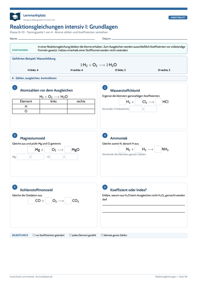 Reaktionsgleichungen intensiv I: Grundlagen – kostenloses Chemie-Arbeitsblatt mit Lösungen (PDF)