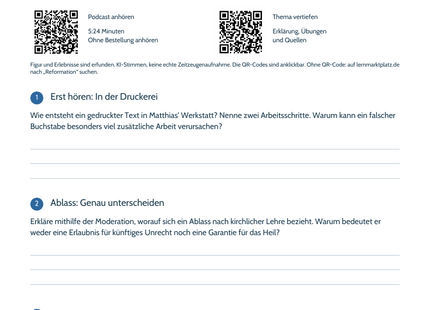 Hörarbeitsblatt Reformation mit Titelbild und QR-Codes