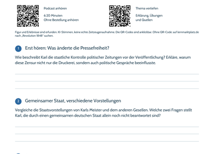 Hörarbeitsblatt Revolution 1848 mit Titelbild und QR-Codes