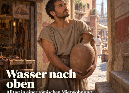 Wasser nach oben – Folge 23. KI-Illustration: Marcus trägt Wasser in Ostia.
