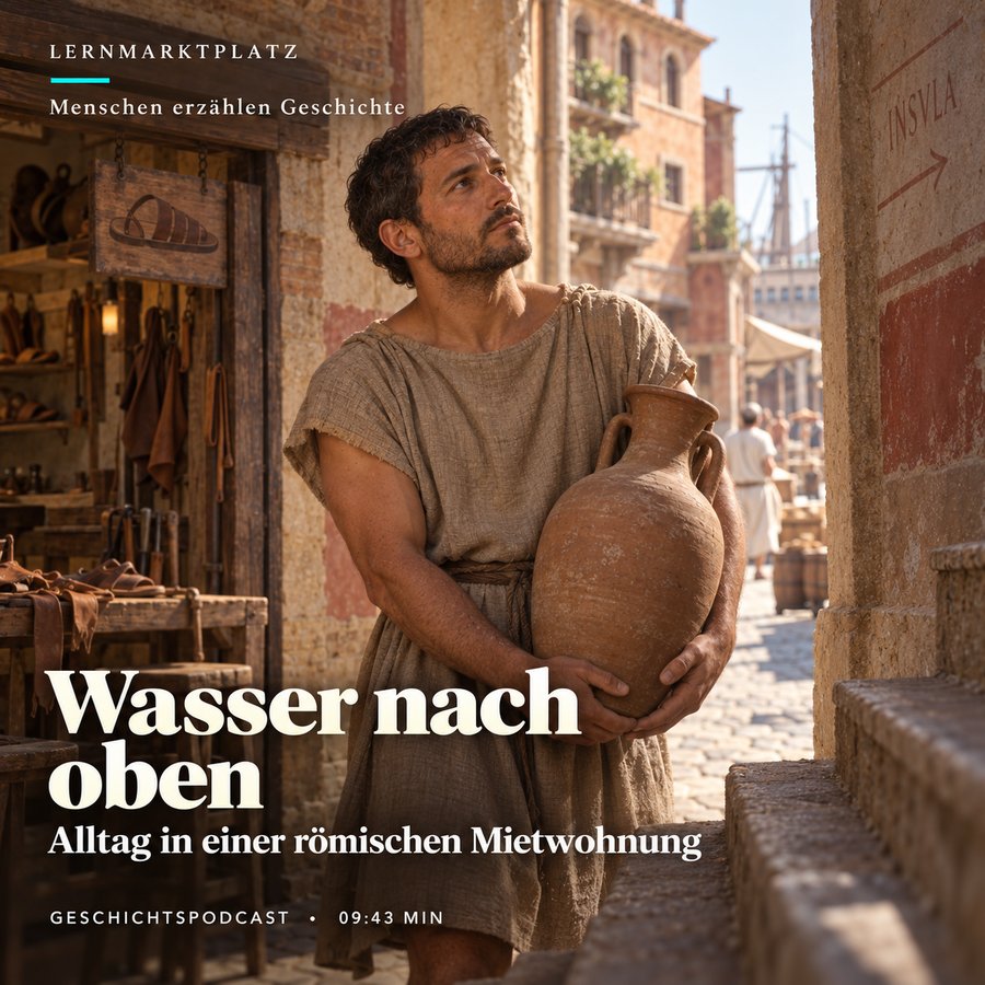 Wasser nach oben – Folge 23. KI-Illustration: Marcus trägt Wasser in Ostia.