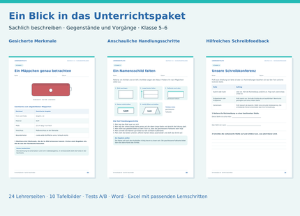 Einblick in die Unterrichtsmaterialien: Gegenstände beobachten, ein Namensschild falten und Texte in einer Schreibkonferenz überarbeiten