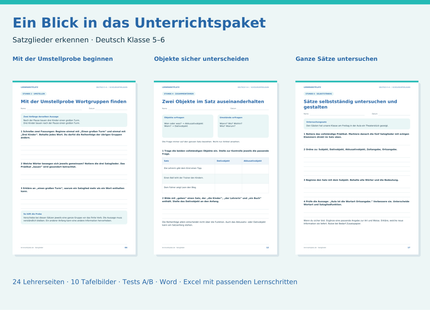 Einblick in drei echte Arbeitsblätter des Unterrichtspakets Satzglieder: Umstellprobe, Dativ- und Akkusativobjekt sowie selbstständige Satzuntersuchung.