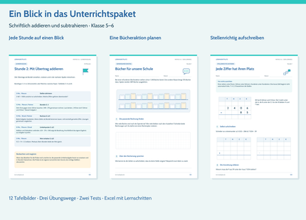 Materialeinblick: Ablaufkarte für Lehrkräfte, Bücheraktion und Arbeitsblatt mit Stellenwerttabellen