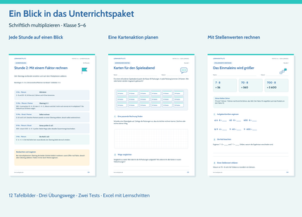 Materialeinblick: übersichtliche Ablaufkarte, Kartenaktion und Arbeitsblatt zu Einmaleins und Stellenwerten