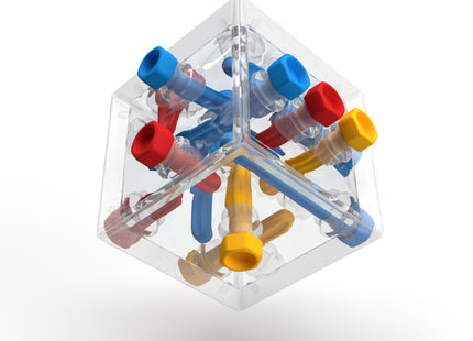 Criss Cross Cube – durchsichtiger Würfel mit roten, gelben und blauen Schrauben