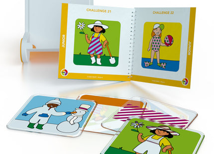 Kunterbunt: Halterung, transparente Spielsteine und Aufgabenheft