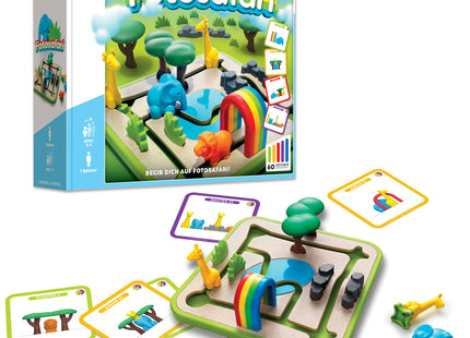 SmartGames Fotosafari mit deutscher Verpackung, Spielfeld und Tierfiguren