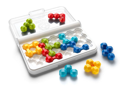 IQ Twins – geöffnetes Spielfeld mit Deckel und farbigen Spielsteinen