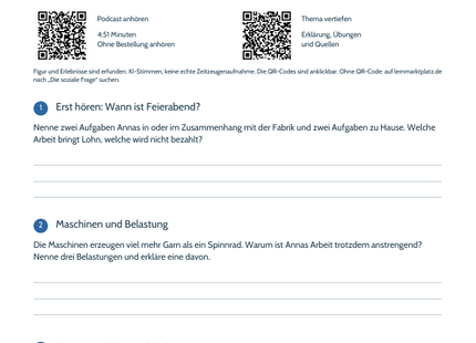 Hörarbeitsblatt Die soziale Frage mit Titelbild und QR-Codes