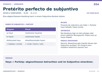 Spanisch: Pretérito perfecto de subjuntivo – A5-Lernkarte mit Übersicht und Selbstcheck
