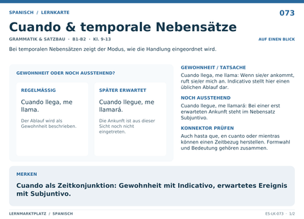 Spanisch: Cuando & temporale Nebensätze – A5-Lernkarte mit Übersicht und Selbstcheck