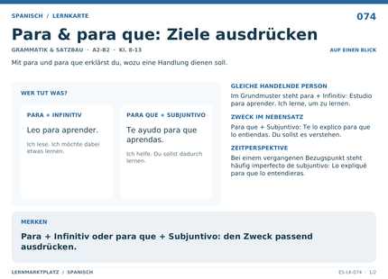Spanisch: Para & para que: Ziele ausdrücken – A5-Lernkarte mit Übersicht und Selbstcheck
