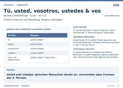 Spanisch: Tú, usted, vosotros, ustedes & vos – A5-Lernkarte mit Übersicht und Selbstcheck