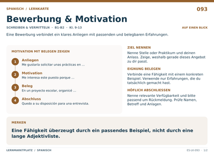 Spanisch: Bewerbung & Motivation – A5-Lernkarte mit Übersicht und Selbstcheck