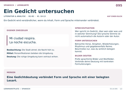 Spanisch: Ein Gedicht untersuchen – A5-Lernkarte mit Übersicht und Selbstcheck