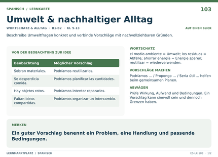 Spanisch: Umwelt & nachhaltiger Alltag – A5-Lernkarte mit Übersicht und Selbstcheck