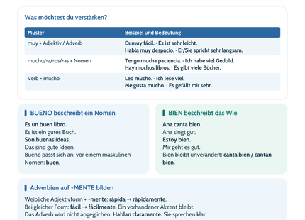 Spanisch Lernposter: muy, mucho, bueno, bien und Adverbien – Vorschau im Hochformat