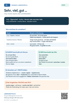 Spanisch muy, mucho, bien und Adverbien | Lernposter A4 & A3 (PDF)