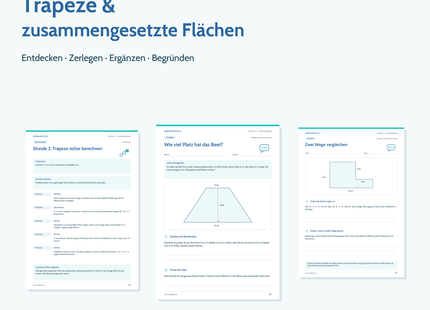Unterrichtspaket Trapeze und zusammengesetzte Flächen, Klasse 6–7: sieben Stunden, Schülerblätter, Tests und Excel.