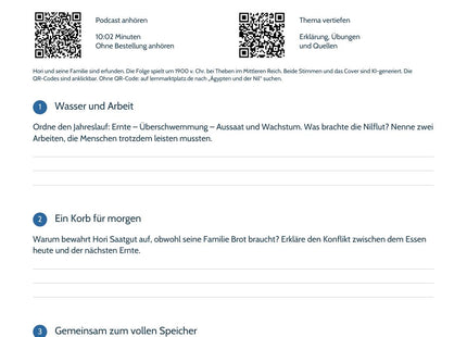Hörarbeitsblatt Unser Leben hängt am Nil: Cover, QR-Codes und Aufgaben zu Nilflut, Saatgut und Arbeitsteilung.