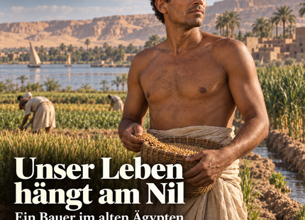 Unser Leben hängt am Nil – der erfundene Bauer Hori mit Saatgutkorb am Fluss. KI-Illustration zur Hörgeschichte, keine historische Quelle.