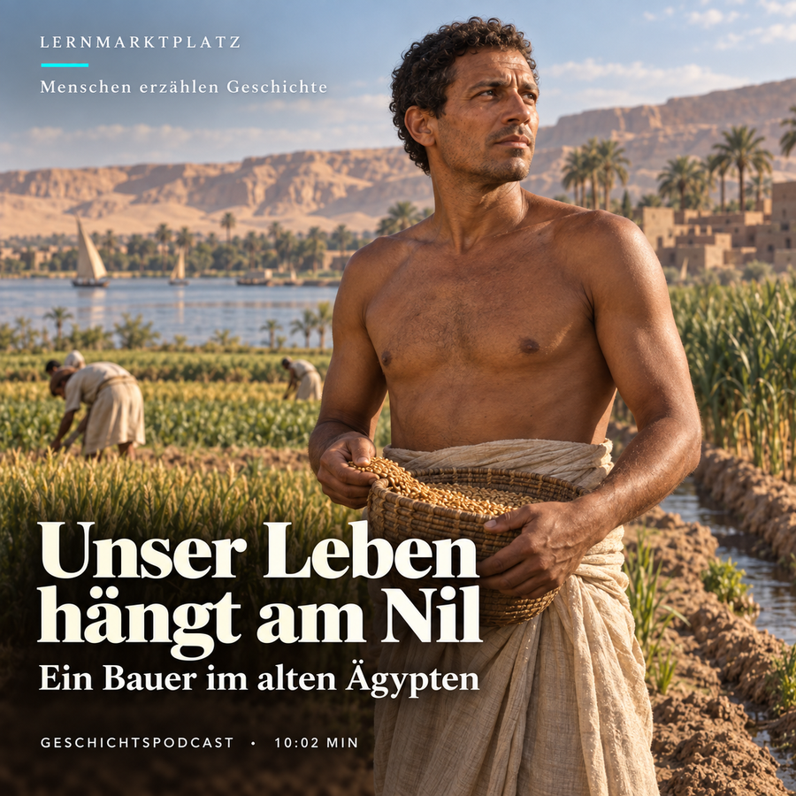 Unser Leben hängt am Nil – der erfundene Bauer Hori mit Saatgutkorb am Fluss. KI-Illustration zur Hörgeschichte, keine historische Quelle.