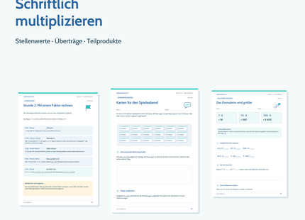 Unterrichtspaket Schriftlich multiplizieren für Klasse 5–6: sieben Stunden, 29 Schülerseiten und zwei Tests mit Excel-Auswertung