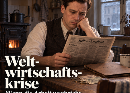 Weltwirtschaftskrise – Wenn die Arbeit wegbricht. KI-Illustration, erfundene Figur Paul.