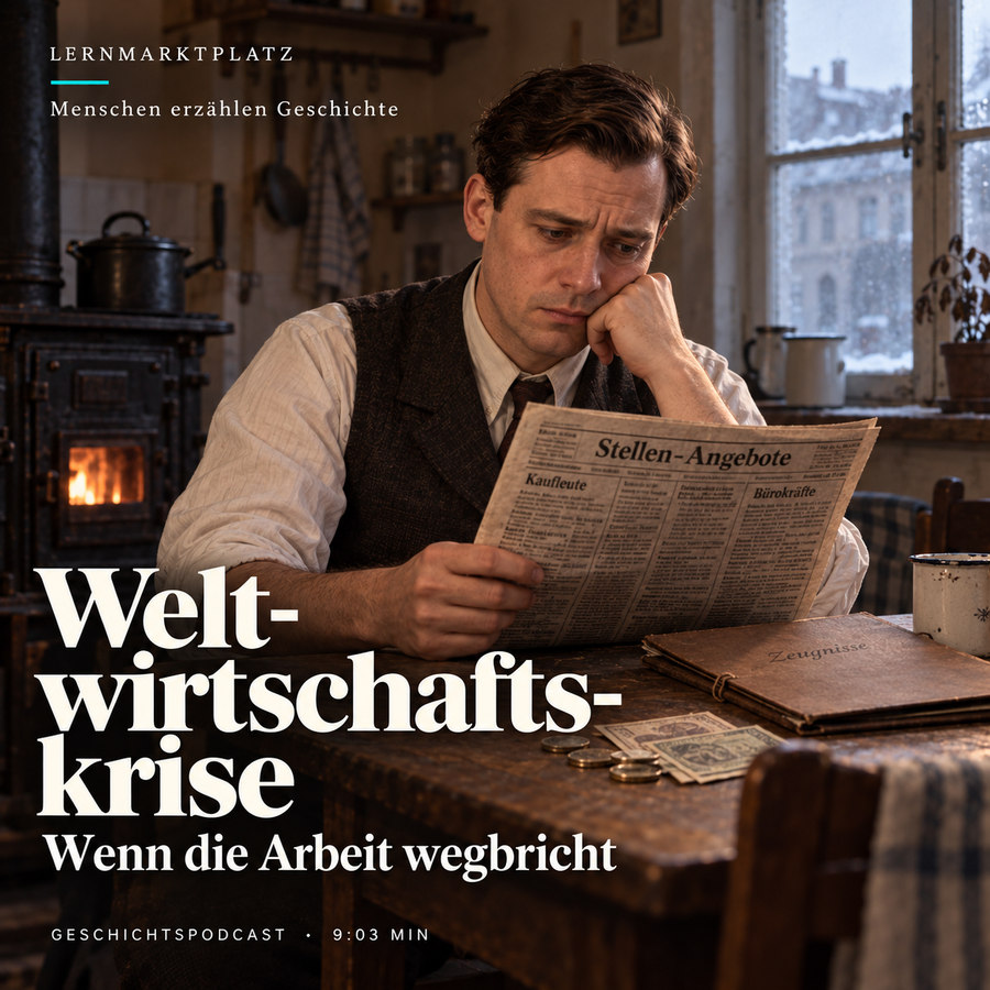 Weltwirtschaftskrise – Wenn die Arbeit wegbricht. KI-Illustration, erfundene Figur Paul.